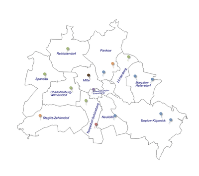 Berlinkarte mit Markierungen der Standorte der KJA/SPZ